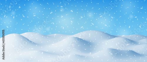 3D Winter Landscape with Snowdrifts and Snow. Render Christmas Snow Drifts on Blue Sky Background. Winter Snow Ground, Snowdrift Mound, Ice layer. Realistic Vector Illustration