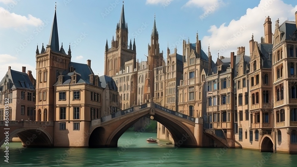 Naklejka premium Showcase the captivating blend of architectural styles and the historical richness of a city where Gothic spires pierce the sky alongside facades , .Created with generated ai technology 