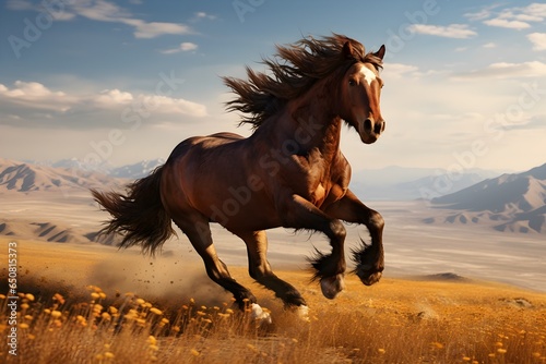 A horse galloping freely across a windswept plain.
