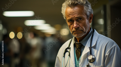 Tense doctor in ER conveying stress and worry, capturing a poignant sense of medical unease and the underlying apprehension.