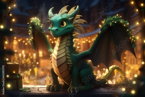 The symbol of 2024 is a green dragon with a gift. postcard