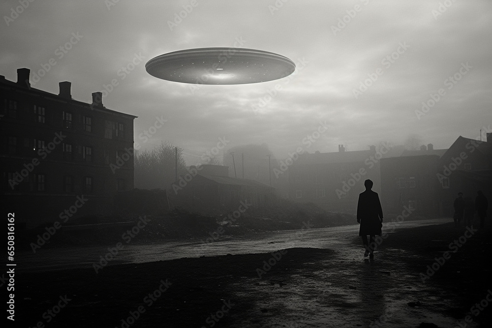 Sci-fi and fantasy concept. UFO and extraterrestrial ships flying over city during foggy day. Retro vintage style and city of year 50-70s. Surreal and spooky atmosphere. Black and white. Generative AI - obrazy, fototapety, plakaty 