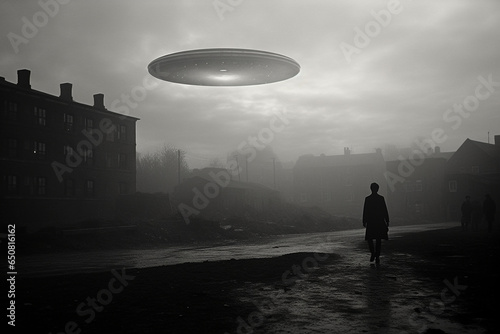 Sci-fi and fantasy concept. UFO and extraterrestrial ships flying over city during foggy day. Retro vintage style and city of year 50-70s. Surreal and spooky atmosphere. Black and white. Generative AI