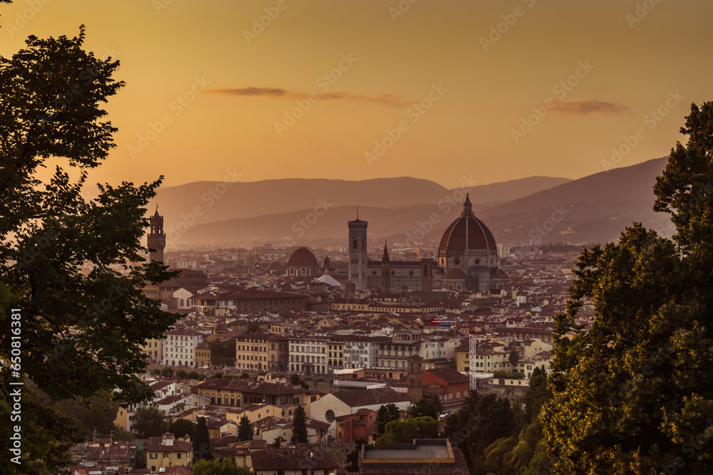 Sunset in viewpoint over Florence with Duomo of cathedral Santa Maria del Fiore, ITALY