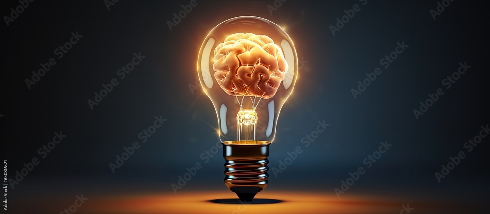 This glowing light bulb with a brain shaped glass represents an active and creative mind or idea - obrazy, fototapety, plakaty 