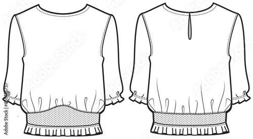 Women shirring waist blouse with gathering details design flat sketch fashion illustration with front and back view