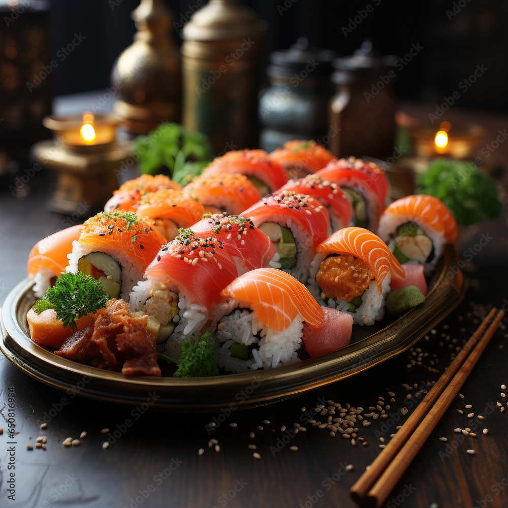 Sushi, maki, nori roll set with rice, cucumber, salmon, avocado, unagi, tuna on served with soy sauce, wasabi and green tea table in sushi shop, restaurant, cafe. Sushi, maki, nori roll set with rice, cucumber, salmon, avocado, unagi, tuna on served with soy sauce, wasabi and green tea table in sushi shop, restaurant, cafe.