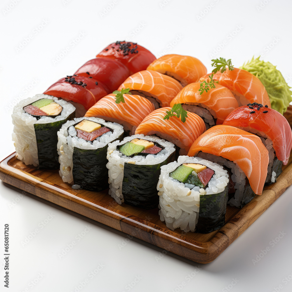 Sushi, maki, nori roll set with rice, cucumber, salmon, avocado, unagi, tuna. Healthy fresh fast food on wooden plate isolated on white background Sushi, maki, nori roll set with rice, cucumber, salmon, avocado, unagi, tuna. Healthy fresh fast food on wooden plate isolated on white background