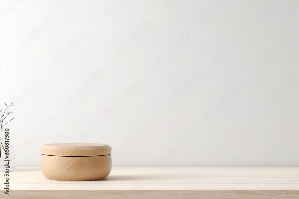 Empty wooden pedestal on kitchen table before white brick wall