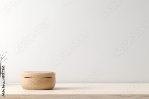 Empty wooden pedestal on kitchen table before white brick wall