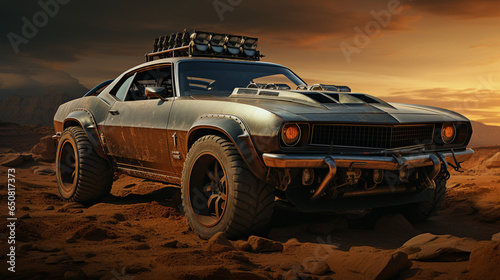 Muscle Car Roaming the Post-Apocalyptic Desert Wasteland