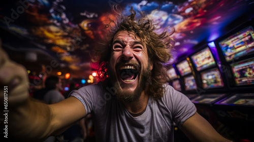 Ecstatic arcade gamer in bowling alley, giving thumbs up with joyous expression. Perfectly captures fun-filled gaming entertainment.