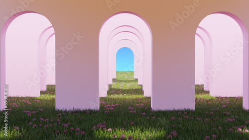 minimalist garden with pink arches 3d render