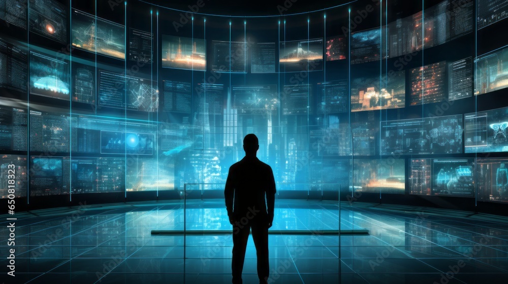 Silhouette standing before a colossal digital screen displaying a flow ...