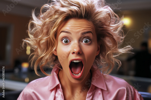 Startling image capturing an astonished hairdresser, open-mouthed in disbelief, conveying deep emotions of shock and awe. A tale of surprise told through visual expressions.