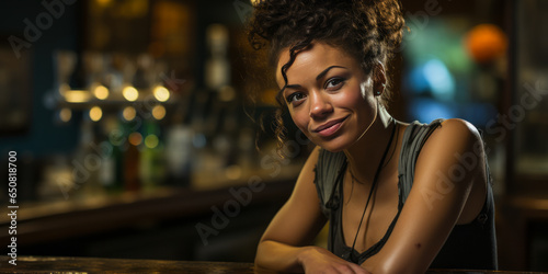 Charming young African female bartender in a rustic, atmospheric bar, patiently awaiting customers with a glass of alcohol ready.