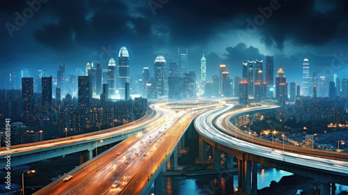 road in city with skyscrapers and car traffic light trails. infrastructure and transportation background,The light trails on the modern building background
