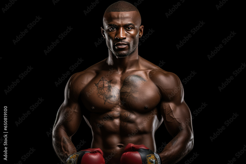 African American man, MMA fighter, studio portrait on black background,African fighter making punch over black background