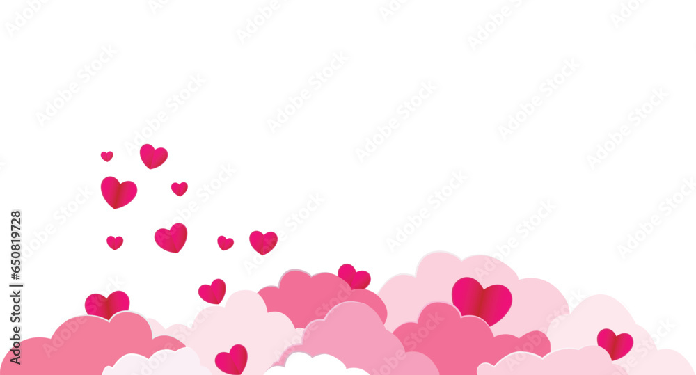 Happy Valentine's day blank background, beautiful paper cut clouds with 3d red hearts on pink background. Vector illustration. Papercut style.