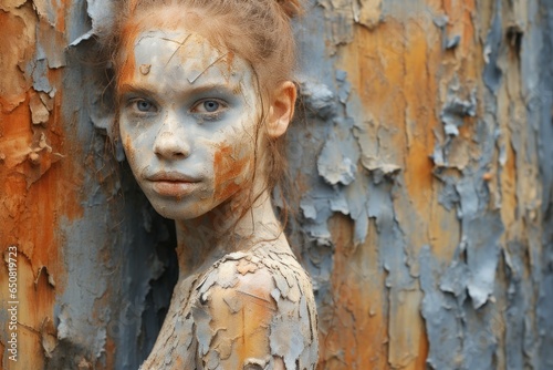 Youthful Beauty with Earth Tone Makeup. A young girl with natural elements-inspired makeup against a textured backdrop.