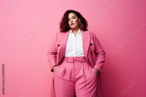 Plus size woman female model studio stylish fashion posing. Generative AI