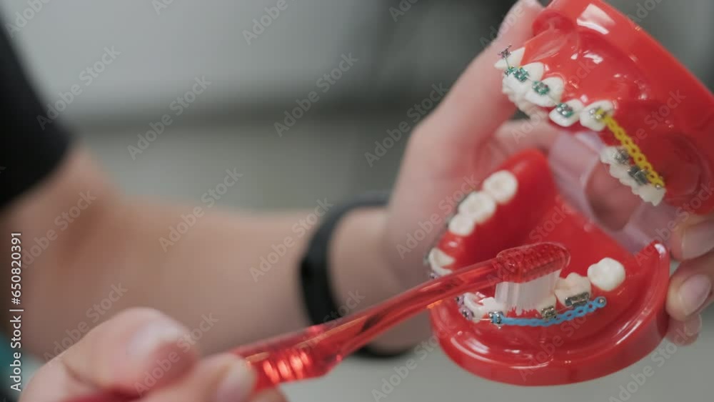 Teeth with brace cleaning explanation, brush your teeth with a