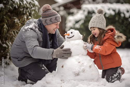 Happy family building a snowman together in their backyard