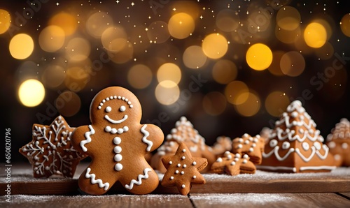 Gingerbread man sitting on a wooden table on chrismas background photo