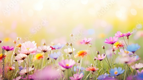 Greet the Beauty of Nature with Colorful Meadow and Florals - Summer Greeting Card with Sunbeams and Bokeh Lights
