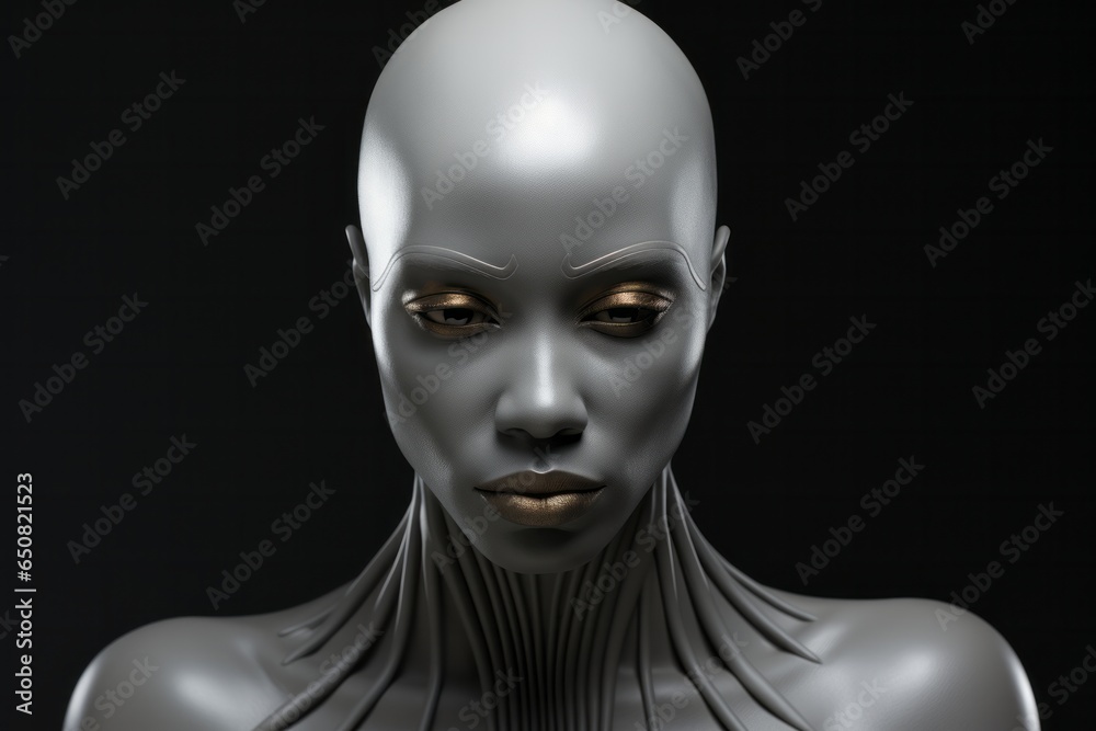 A bald woman with metallic silver skin and striking gold makeup stares directly at the viewer, her intense gaze conveying power and mystique. A bald woman with metallic silver skin and striking gold makeup stares directly at the viewer, her intense gaze conveying power and mystique.