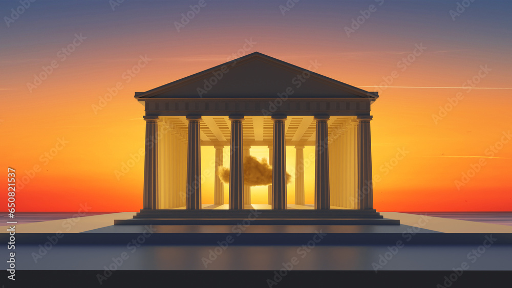 Obraz premium minimalist architectural temple 3d render sunset