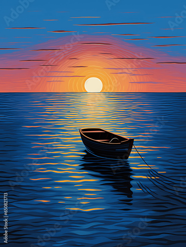 American Sea Sunset Boat Scene Painting: Boat in Bold Shadows on a Dark Night