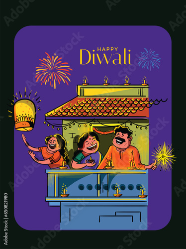 Happy Diwali family celebrating illustration