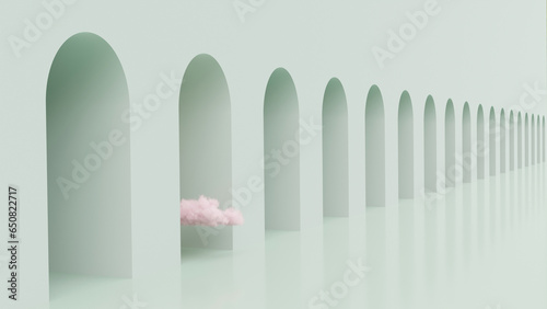 green hall and arches minimal 3d render