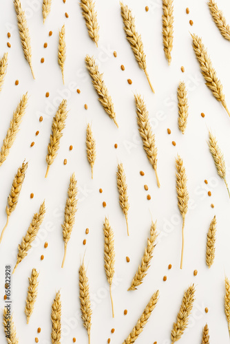 Pattern with ears of wheat, close up golden yellow wheat spikelets and grains on white background. Top view composition minimal style, aesthetic trend, autumn seasonal harvest concept, flatlay