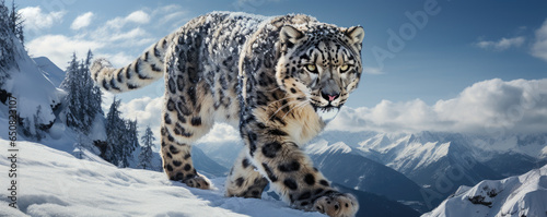 Snow leopard navigating a snowy mountain landscape