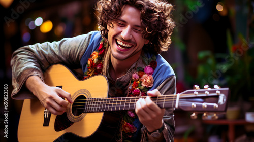 Ecstatic musician elatedly strums on his guitar, embodying pure joy and jubilant delight in a blissful musical moment. photo