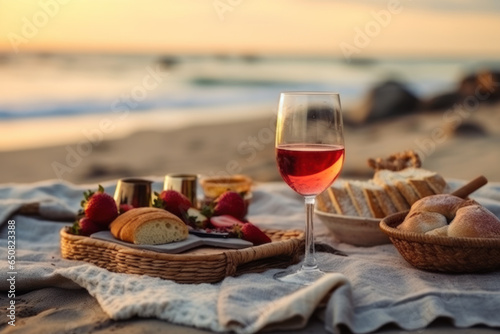 Picnic on the beach at sunset with a glass of red wine