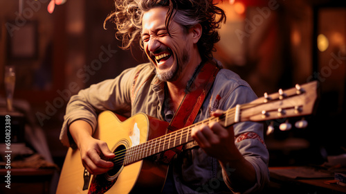 Ecstatic musician caught in the sheer joy of playing guitar, his elated expression embodying the euphoria of creating music.