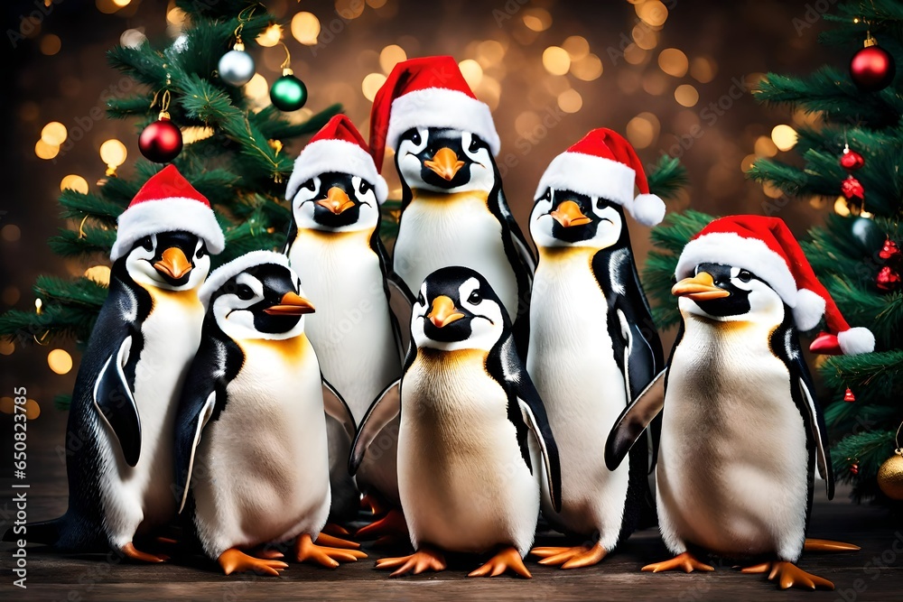 Fototapeta premium A group of cheerful penguins wearing Santa hats and standing near a Christmas tree.