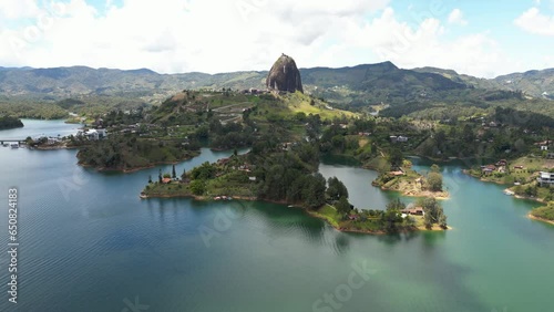 Stunning Aerial View of El Peñón de Guatapé (Piedra del Peñol), Medellin Colombia taken on summer 2023