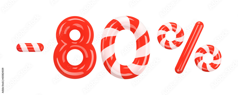 80 percent Off. Christmas Sale. Discount creative design of red and striped volumetric numbers and signs. Mega sale or ten percent bonus symbol on white. Sale banner and poster. 3d Vector 80 percent Off. Christmas Sale. Discount creative design of red and striped volumetric numbers and signs. Mega sale or ten percent bonus symbol on white. Sale banner and poster. 3d Vector