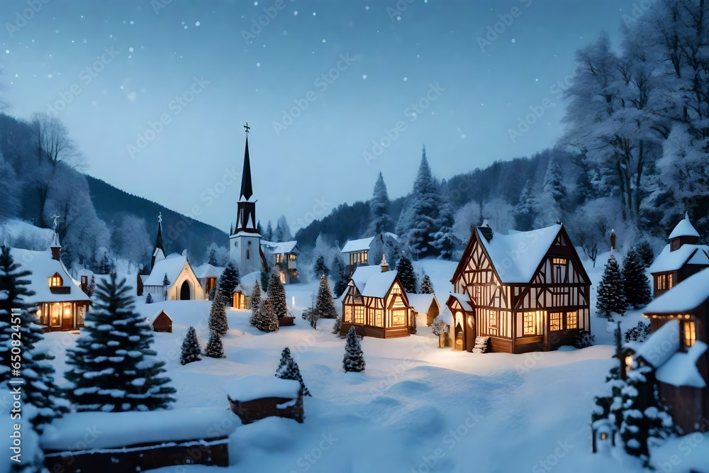 A Christmas village scene with miniature houses, a tiny church, and a snowy landscape.
