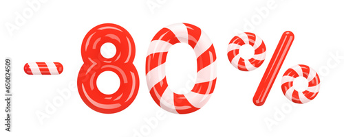 80 percent Off. Christmas Sale. Discount creative design of red and striped volumetric numbers and signs. Mega sale or ten percent bonus symbol on white. Sale banner and poster. 3d Vector