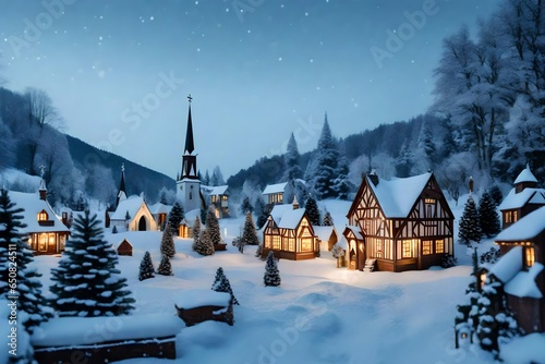 A Christmas village scene with miniature houses, a tiny church, and a snowy landscape. © AQ Arts