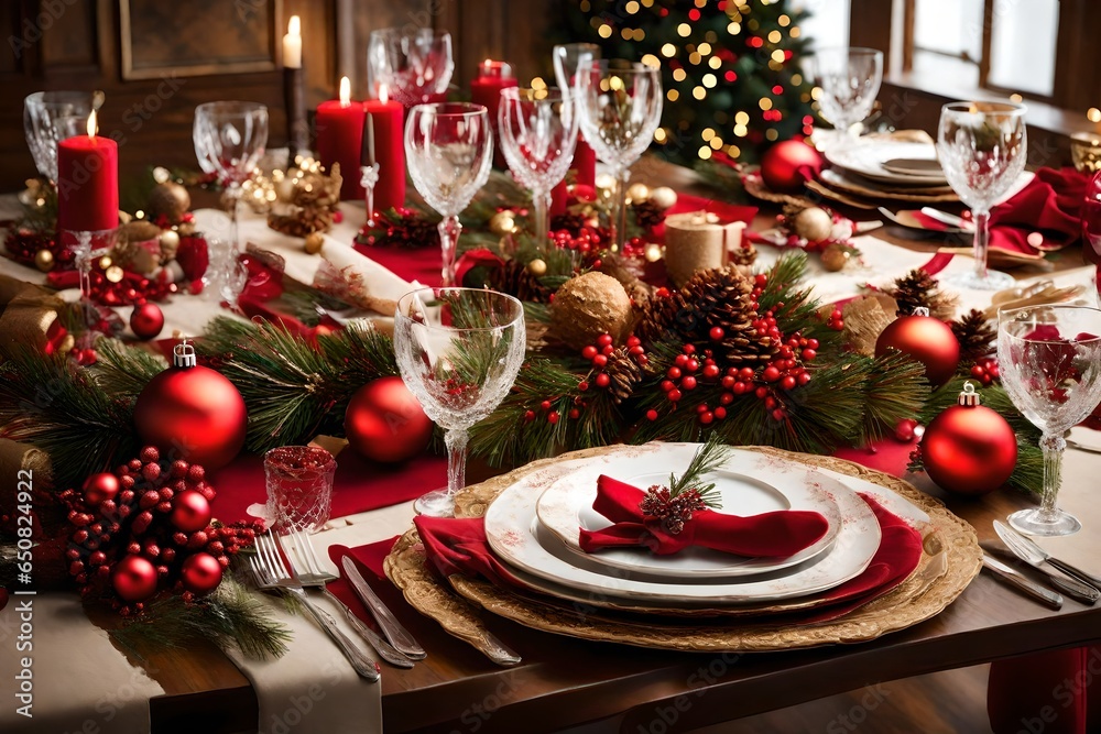 A table set for Christmas dinner, adorned with elegant holiday-themed centerpieces.