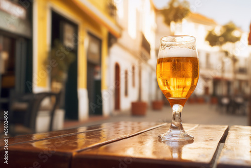pinte de bière posé sur une table en bois en terrasse d'un bar en été
