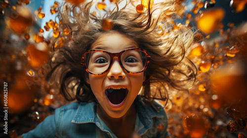 Dynamic, young girl joyously flying from a fun explosion, eyes sparkling with delight against a vibrant studio backdrop - whimsically engaging and memorable.