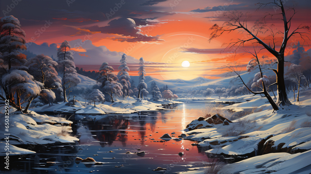 Magical Christmas Winter Wonderland: A stunning snowy landscape with snow-covered trees, a frozen lake reflecting the colorful sunset