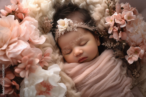 Newborn baby close up, sleeping cute baby with florals around  © reddish